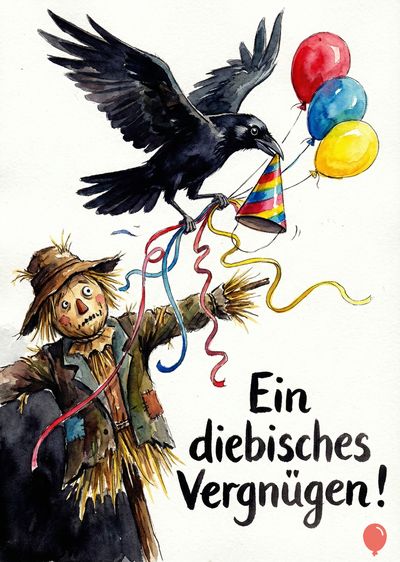Aquarellmalerei zeigt eine Raben-Figur, die einen Partyhut trägt, Ballons hält und über eine Vogelscheuche fliegt. Der dunkle Vogel hält bunte Luftschlangen sowie Ballons: rot, blau und gelb. Darunter steht: «Ein diebisches Vergnügen!».