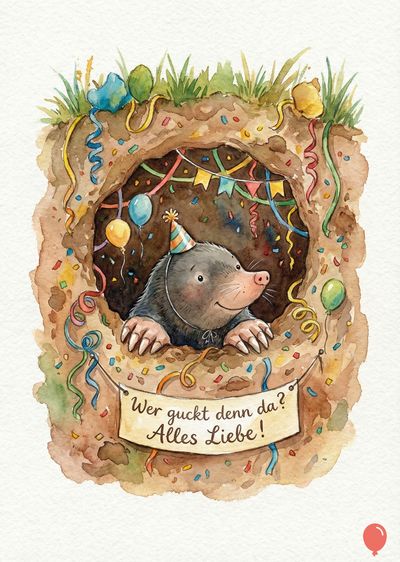 Eine Aquarelldarstellung eines Maulwurfs in einem Loch, der eine Partykappe trägt. Über ihm Girlanden und Luftballons. Banner mit « Wer guckt denn da? Alles Liebe! ». Viele bunte Konfetti.