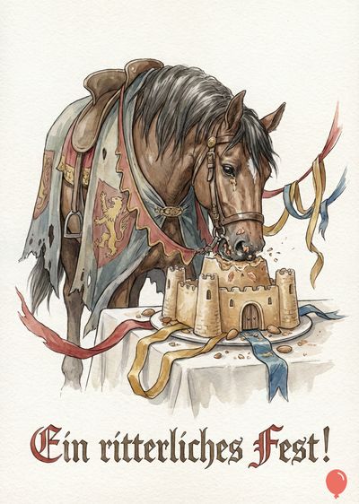 Braunes Pferd mit Sattel und Fahne, frisst einen Kuchen in Burgform. Darunter steht «Ein ritterliches Fest!». Aquarell-Stil mit roten, blauen und gelben Bändern.