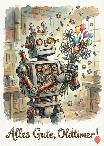 Aquarell eines Roboters, der einen Blumenstrauß und Luftballons hält. Der Roboter mit Metallgehäuse hat ein offenes Getriebe im Bauchbereich. Oben «Alles Gute, Oldtimer!». Weitere Elemente: Zahnräder, Federn, Werkstatt.