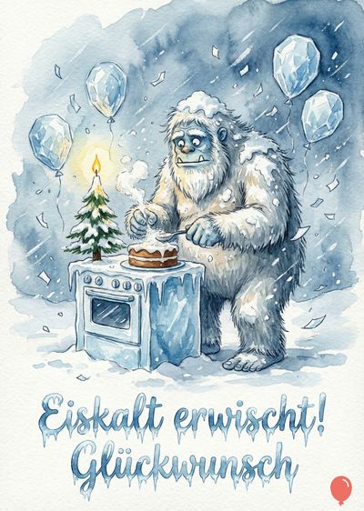 Aquarell einer Eis-Geburtstagskarte mit Yeti. Der Yeti schneidet einen Kuchen auf einem Eisblock. Eisballons, eine Kerze, eine gefrorene Tanne und Konfetti sind ebenfalls zu sehen. Die Karte trägt die Inschrift «Eiskalt erwischt! Glückwunsch».