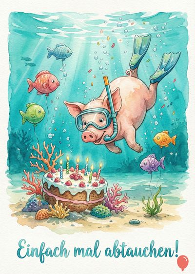 Aquarellartige Unterwasserdarstellung mit einem rosafarbenen Schwein mit Tauchmaske und Flossen, umgeben von bunten Fischen. Ein Geburtstagskuchen steht am Grund, der Schriftzug «Einfach mal abtauchen!».