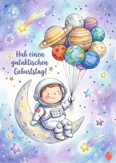 Ein Astronautsitz auf einem Halbmond. Er hält Ballons, die Planeten darstellen. Um ihn herum Sterne und ein Schriftzug: «Hab einen galaktischen Geburtstag!». Aquarell-Stil mit Pastelltönen.