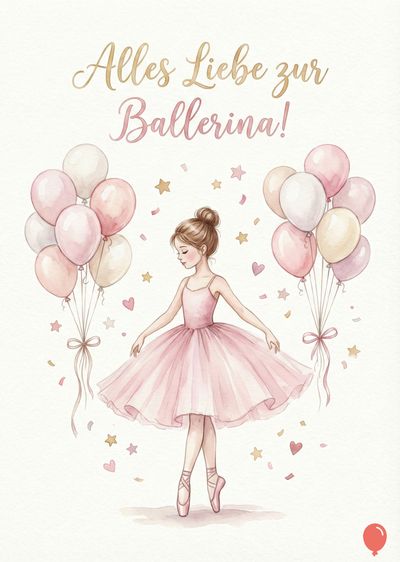 Eine Ballerina in einem rosa Tutu, umgeben von Ballons, Sternen und Herzen. Oben steht der Schriftzug «Alles Liebe zur Ballerina!» in Gold- und Rosatönen. Die Ballons sind rosa und cremefarben.  Der Grafikstil ist aquarellartig.