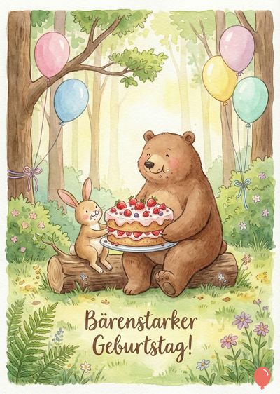 Aquarellartige Darstellung: Bär und Hase halten Geburtstagskuchen, im Wald. Ballons schweben. Schriftzug «Bärenstarker Geburtstag!». Farbig: Braun, Rosa, Blau, Grün, Gelb.
