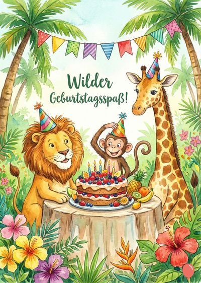 Aquarellkomposition mit Tieren: Löwe, Affe und Giraffe feiern Geburtstag. Ein Kuchen mit Kerzen steht auf einem Tisch. Tropische Pflanzen, Palmen und Wimpelkette. Aufschrift: «Wilder Geburtstagsspaß!».