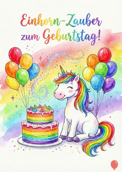 Aquarell-Darstellung: «Einhorn-Zauber zum Geburtstag!» Regenbogenfarbenes Einhorn neben zweistöckiger Torte und Luftballons. Farbspektrum: Gelb, Orange, Grün, Blau, sowie glitzernder Staub.