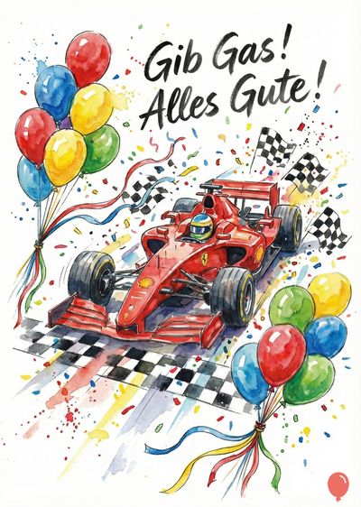 Aquarellartige Darstellung eines roten Formel-1-Rennwagens auf kariertem Boden, mit Ballons, Konfetti und Zielflaggen. Der Titel oben lautet: «Gib Gas! Alles Gute!». Farben: Rot, Blau, Gelb, Grün, Schwarz und Weiß.