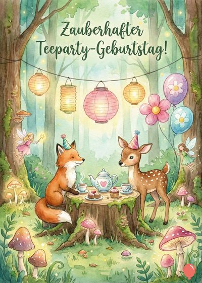 Aquarellmalerei eines Waldes. Eine Fuchs und ein Reh sitzen an einem Baumstumpf und trinken Tee. «Zauberhafter Teeparty-Geburtstag!» in grüner Schrift. Lampions, Blumen, Feen, Pilze und Ballons schmücken die Szene.