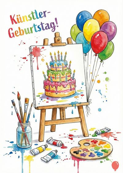 Aquarell-Darstellung zum « Künstler-Geburtstag!»: Staffelei mit Torten-Malerei, Pinsel in Glas, Farbtuben, Palette, bunte Ballons. Farbkleckse umgeben das Motiv.