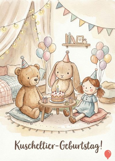 Aquarell-Darstellung: Geburtstagsfeier für Stofftiere. Ein Teddybär, ein Hase und eine Puppe sitzen um einen Tisch mit Kuchen. Ballons, Girlande, Lichterkette. Auf dem Boden « Kuscheltier-Geburtstag! ».
