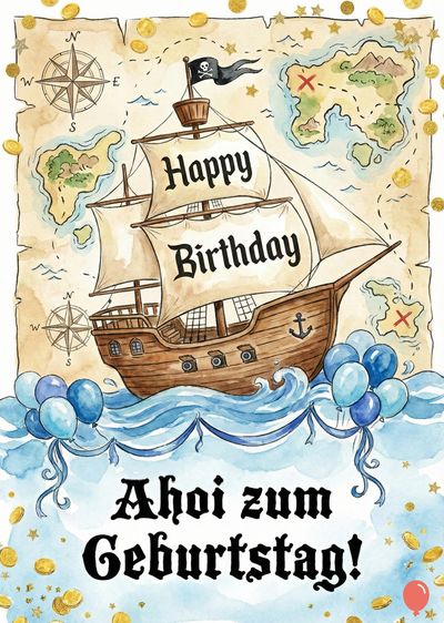 Aquarellartige Geburtstagskarte. Ein braunes Schiff mit Segeln trägt «Happy Birthday». Darunter «Ahoi zum Geburtstag!». Goldmünzen und eine Karte im maritimen Stil, blaue Ballons.