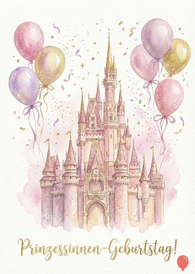 Aquarell-Darstellung eines rosafarbenen Schlosses mit goldenen Türmen, umgeben von Ballons in Rosa, Gold und Violett. Konfetti und Schleifen schmücken die Szene. Unterhalb des Schlosses steht «Prinzessinnen-Geburtstag!» in goldener Schrift.