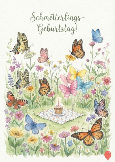 Aquarell einer Wiese mit bunten Schmetterlingen vor Blumen. Zentriert, ein Picknick mit einem Cupcake und einer brennenden Kerze. Oben « Schmetterlings-Geburtstag! » in grüner Schrift.