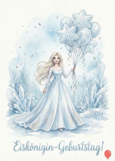 Aquarellmalerei einer blonden Frau in blauem Kleid, vor winterlicher Szenerie. Sie hält Luftballons. Oben fallen Konfetti, unten steht «Eiskönigin-Geburtstag!». Stil: weich, Pastelltöne.