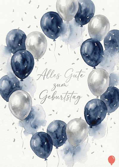 Kranz aus blauen und silberfarbenen Luftballons. Aquarellstil. «Alles Gute zum Geburtstag» in serifenloser Schrift. Kleine Konfetti-Elemente. Auf weißem Untergrund.