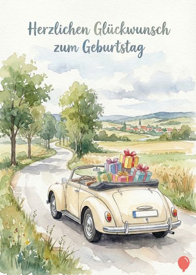 Aquarell-Malerei eines cremefarbenen Oldtimer-Cabrios mit Geschenkpaketen beladen, auf einer Landstraße in hügeliger Landschaft. Oben steht: « Herzlichen Glückwunsch zum Geburtstag ».