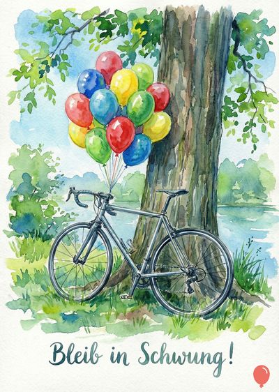 Aquarell einer Landschaft. Ein Fahrrad steht an einem Baum, an dessen Ästen bunte Luftballons befestigt sind. Im Vordergrund steht «Bleib in Schwung!». Grün- und Blautöne dominieren.