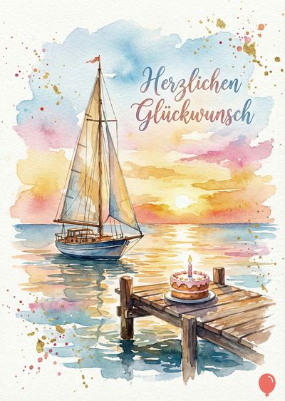 Aquarell: Segelboot auf dem Meer, Sonnenuntergang. Vorne ein Steg mit Geburtstagskuchen. Über dem Horizont « Herzlichen Glückwunsch » in Schreibschrift, Goldakzente. Farben: Blau, Orange, Gelb, Rosa, Braun.