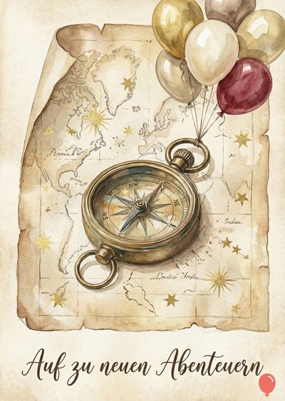 Aquarell-Komposition mit einer vergilbten Landkarte. Ein Kompass und mehrere Luftballons in Gold-, Weiß- und Burgund-Tönen schweben darüber. Kalligrafie-Schrift: «Auf zu neuen Abenteuern».