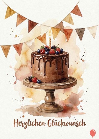 Aquarell-Darstellung eines Schokoladenkuchens auf einer Tortenplatte. Der Kuchen ist mit Beeren belegt und von einer Dekoration mit Wimpelketten überdeckt. Eine brennende Kerze steckt in der Mitte. Am unteren Rand ist « Herzlichen Glückwunsch » zu sehen.