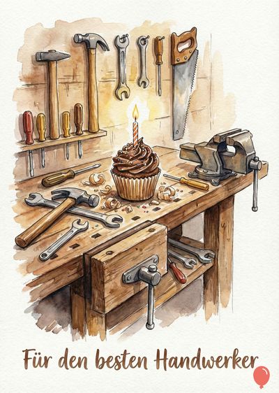 Aquarellmalerei eines Werkstattbereichs mit Werkzeugen. Eine Backware mit Kerze steht auf einer Werkbank, umgeben von Hämmern, Schraubenschlüsseln und einer Säge. Schriftzug «Für den besten Handwerker».