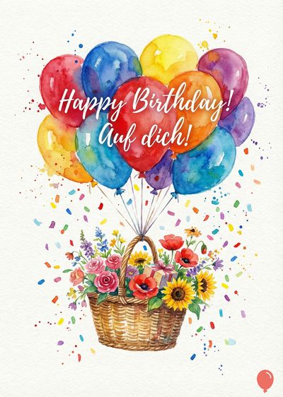 Aquarell einer Geburtstags-Grußkarte mit bunten Ballons und einem Korb voller Blumen. Auf den Ballons steht «Happy Birthday!» und «Auf dich!». Konfetti fällt von oben herab. Der Stil ist malerisch.