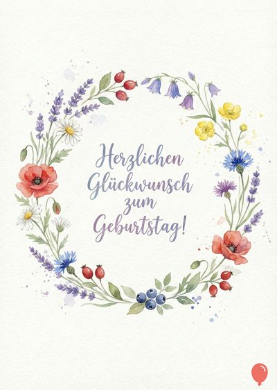 Blumenkranz in Aquarell-Optik mit Mohn, Kornblumen, Lavendel und Beeren um den Schriftzug « Herzlichen Glückwunsch zum Geburtstag! » auf cremefarbenem Feld.