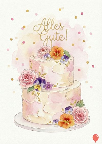 Zweistöckige Torte, Aquarellstil, mit Rosen, Stiefmütterchen und »Alles Gute!« Schriftzug. Rosa und goldene Konfetti. Gelb-rosa Wolke im oberen Bereich.  Runder Teller.