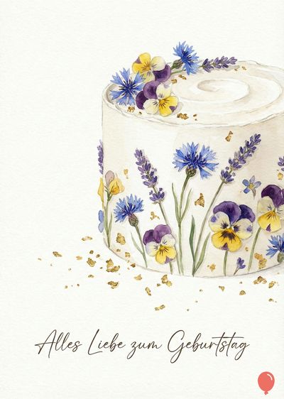 Aquarell eines runden Kuchens, der mit Veilchen und Kornblumen, Lavendel und Goldflocken geschmückt ist. Oben steht « Alles Liebe zum Geburtstag ». Ein roter Ballon unten rechts.