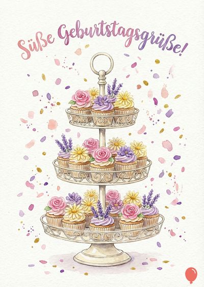 Dreistöckige Tortenständer mit Cupcakes, verziert mit Rosen, Lavendel und Gänseblümchen. Handgeschriebener Schriftzug «Süße Geburtstagsgrüße!», umgeben von Aquarell-Konfetti. Farben: Rosa, Gelb, Lila und Gold.
