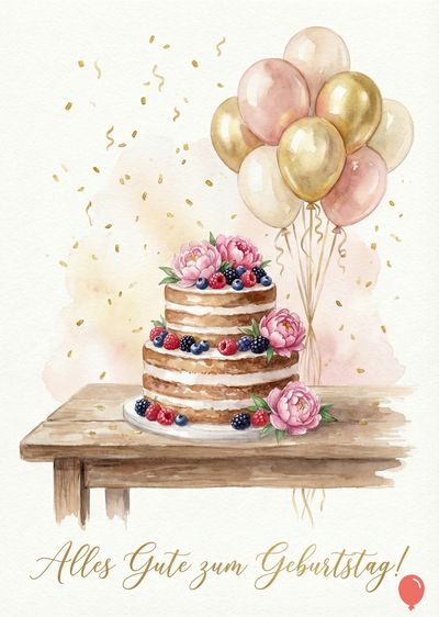 Aquarellkomposition eines Kuchens mit Beeren und Blumen, auf einem hölzernen Tisch.  Eine Gruppe verschiedenfarbiger Ballons schwebt darüber. Goldene Konfetti.  Am unteren Rand steht «Alles Gute zum Geburtstag!».