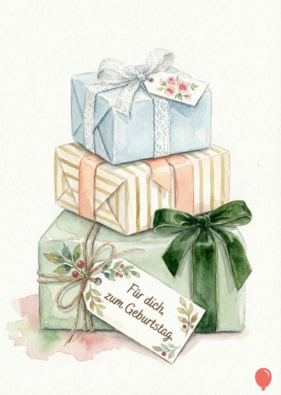 Aquarellierte Darstellung von drei Geschenkboxen, die aufeinandergestapelt sind. Die oberste ist hellblau mit weißer Schleife und Anhänger mit Rosen. Die mittlere hat beigefarbene Streifen und rosa Band. Die unterste ist mintgrün mit dunkelgrüner Schleife und Anhänger mit « Für dich, zum Geburtstag. »