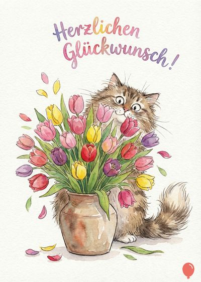 Eine Aquarellarbeit zeigt eine Katze neben einem Strauß Tulpen in einer braunen Vase. Die Blumen haben rote, gelbe, violette und rosa Blütenblätter. Über dem Motiv steht in bunten Buchstaben « Herzlichen Glückwunsch! »