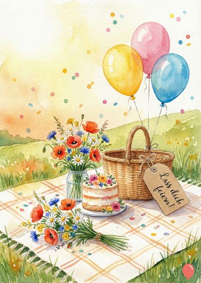 Aquarell-Darstellung eines Picknicks im Freien. Auf einer karierten Decke liegen ein Kuchen, eine Feldblumenstrauss, ein Korb mit Ballons und eine Karte mit « Lass dich feiern! ». Gelb, rosa und blaue Ballons schweben am Himmel.