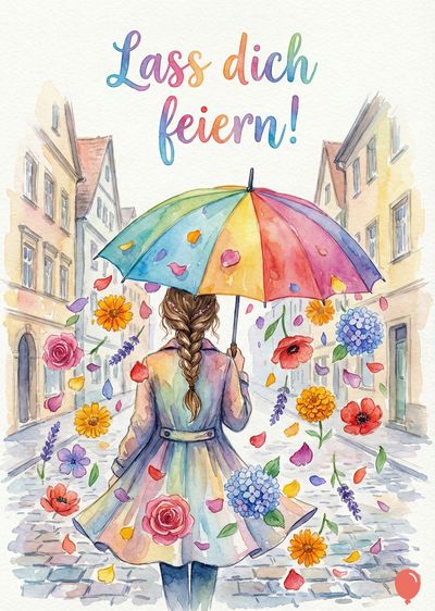 Eine aquarellartige Szene einer Person, die mit einem Regenschirm in Regenbogenfarben durch eine gepflasterte Straße geht, von hinten gesehen. «Lass dich feiern!» steht oben. Blumen fallen herab. Gebäude säumen die Straße.
