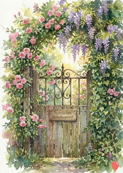 Aquarellmalerei eines Holztors, überrankt von Rosen und Blauregen. Das Tor hat ein schmiedeeisernes Gitter. Ein Schild am Tor trägt die Schrift «Herzlichen Glückwunsch».