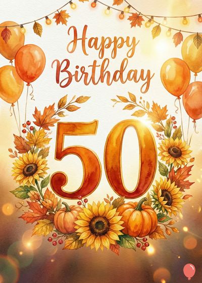 Watercolor-style composition. The central design features the number «50», decorated with pumpkins, sunflowers, and fall leaves. «Happy Birthday» is scripted above, balloons surround the central design.