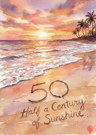 Watercolor art of a beach at sunset. The sky is orange and purple. Numerals « 50 » are on the sand, with « Half a Century of Sunshine » script below. A small red balloon sits at the bottom right.