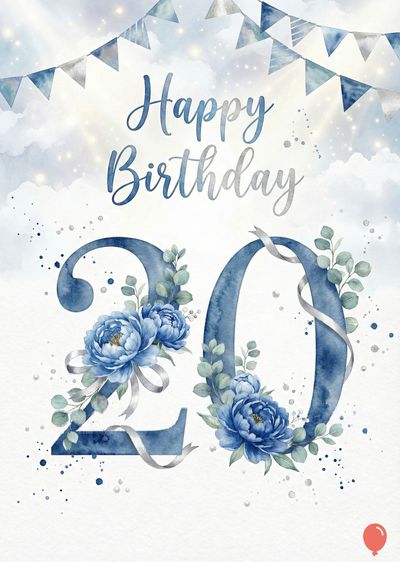 Watercolor-style Happy Birthday card.  Sky with clouds and garland of pennants at top.  Large blue «20» adorned with flowers and silver ribbons.  Small red balloon below.