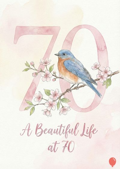 Watercolor-style greeting card. Pastel pink « 70 » behind a bluebird on a branch with pink blossoms. Beneath, script reads «A Beautiful Life at 70».