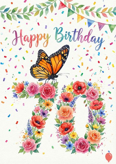 Watercolor greeting card with butterfly and floral «70» surrounded by flowers. The phrase «Happy Birthday» appears above. Colored confetti and garland embellish the whole.