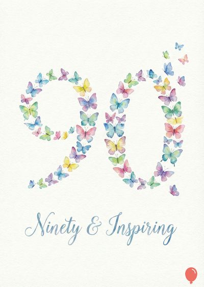 « 90 » formed by butterflies in pastel colors, on a white surface. Below,script « Ninety & Inspiring ». A small red balloon at the bottom.