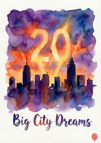 Watercolor-style rendering of a cityscape silhouette with light bursts. Above, a large « 20 ». « Big City Dreams » appears below. Dominant colors are purple, orange, and black.