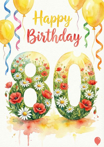 Watercolor style card. Yellow balloons and ribbons surround « Happy Birthday ». « 80 » is decorated with daisies and poppies.