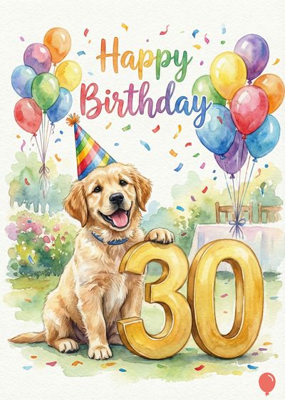 Watercolor-style birthday card. A golden retriever wearing a party hat sits with a golden «30 ». Balloons and confetti surround the dog. The words «Happy Birthday» appear above.