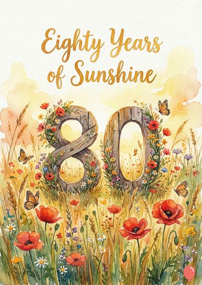 Watercolor artwork with « Eighty Years of Sunshine » above an « 80 » created with wood, surrounded by flowers, butterflies, and wheat on a field.