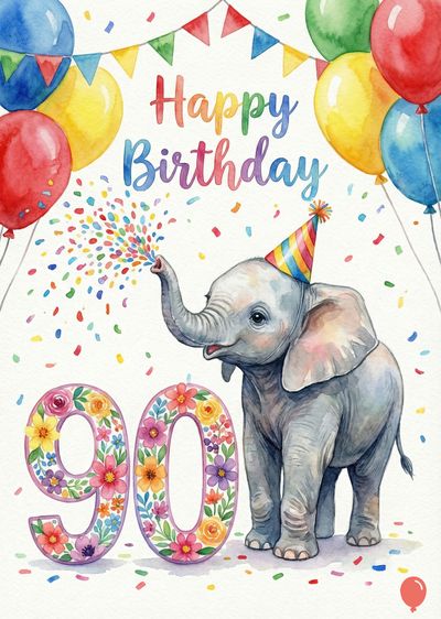 Watercolor style birthday card. A baby elephant wearing a striped party hat sprays confetti. Colorful balloons and garland hang nearby. The numeral «90» is adorned with flowers. The phrase «Happy Birthday» appears above.