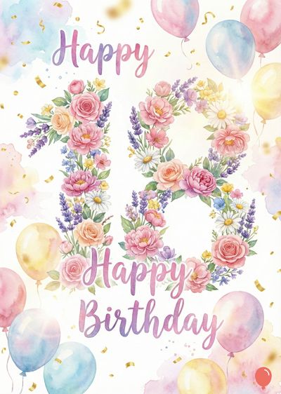 Watercolor style birthday card. The number «18» formed by flowers, the word «Happy» above, «Happy Birthday» below. Balloons and confetti. Soft pastel colors and highlights.