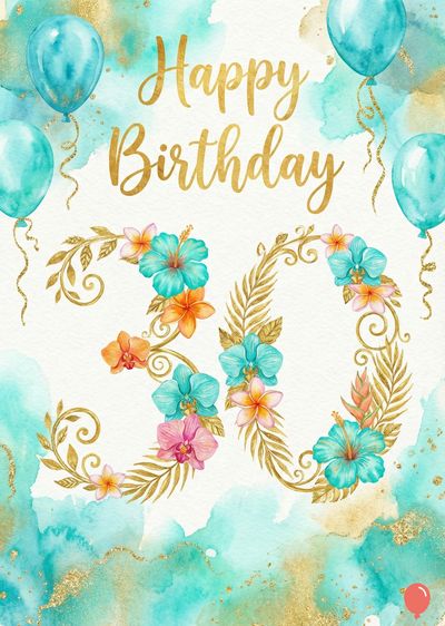 Watercolor style «Happy Birthday» with a «30» created with golden leaves and flowers. Turquoise balloons float from top corners. Turquoise and gold washes decorate the base area.